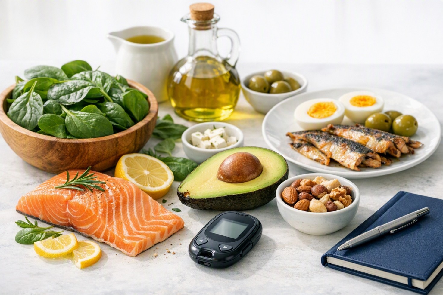 Alimenti a basso contenuto di carboidrati con misuratore della glicemia: salmone, avocado, verdure, uova, olive e frutta secca.